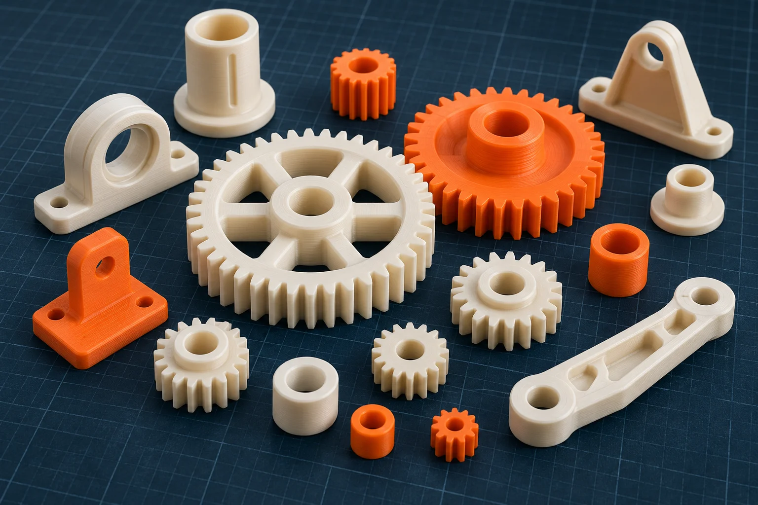 Illustrative arrangement of ivory and orange 3D printed gears on a navy workbench